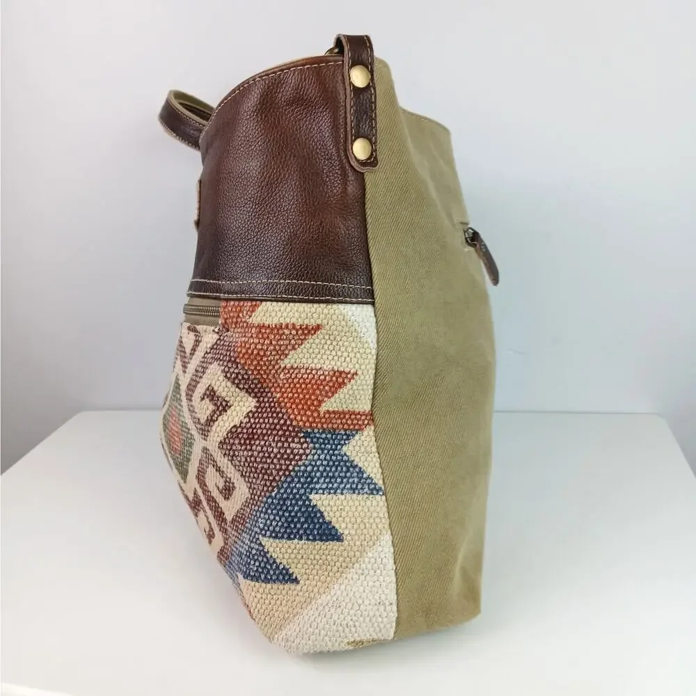 Myra Crimson Rug-Canvas-Genuine Leather Crossbody Bag Southwest Boho Hippie